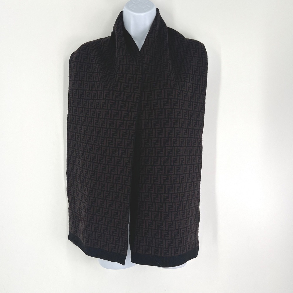 Fendi Zucca Monogram Scarf Brown Black 100% Wool Made in Italy‎ FF Logo - Picture 2 of 13